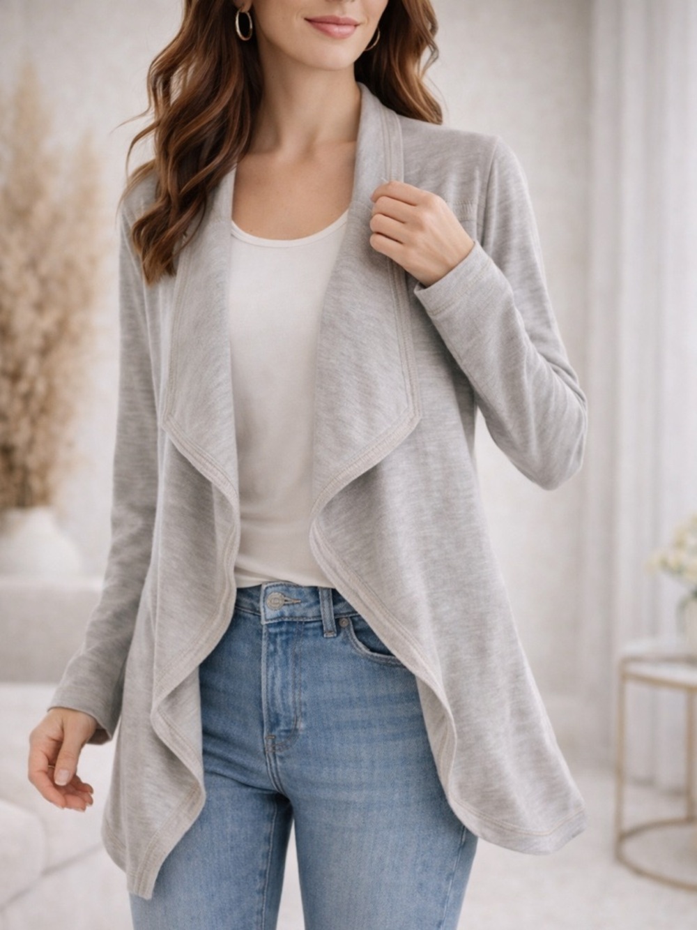 St. John Collection Drape Cardigan Ribbed Viscose Soft Neutral Small